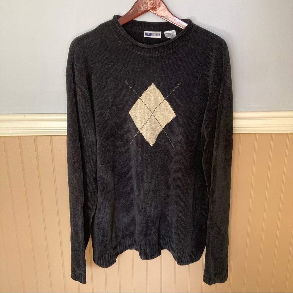 Vintage Untied Men's Charcoal Velour Argyle Sweater - Crewneck Pullover - Large